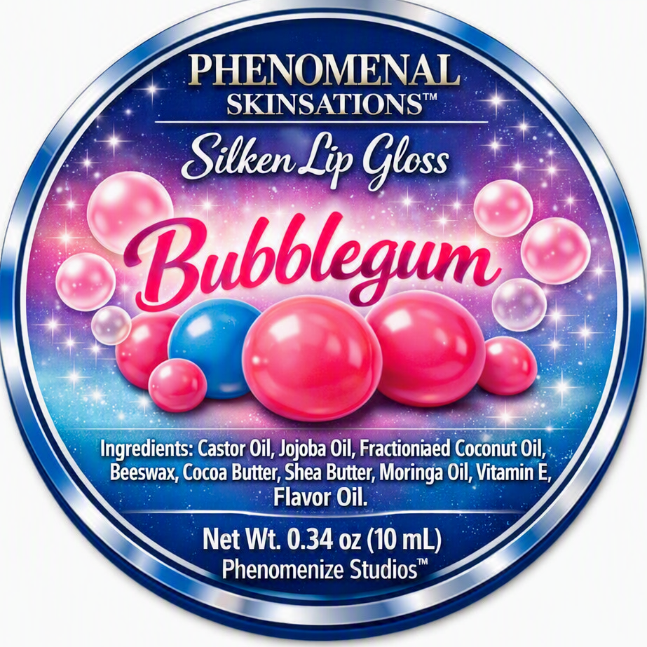 Phenomenal Skinsations Bubblegum Silken Lip Gloss label with pink and blue gumballs on a sparkling blue and purple background, listing the ingredients and a net weight of 0.34 oz