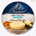 Phenomenal Skinsations Almond Vanilla travel size Silken Body Bar lotion bar label showing a round moisture bar beside almonds and vanilla beans with a vanilla orchid bloom