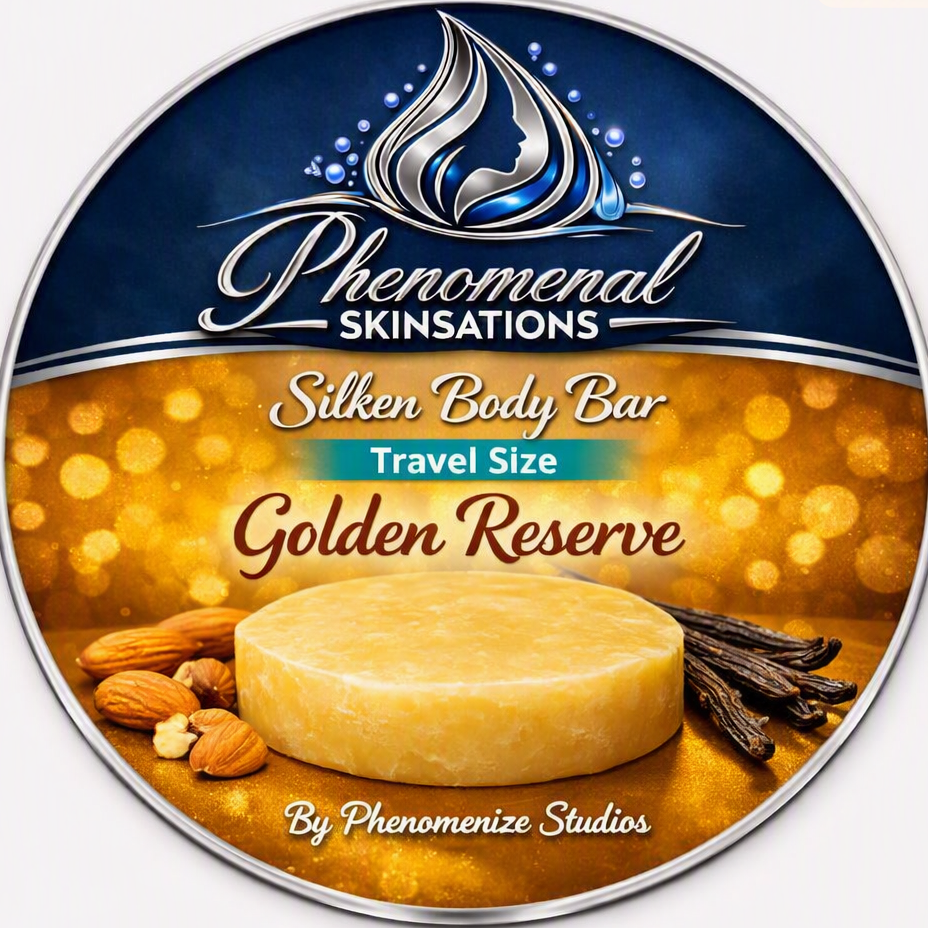 Phenomenal Skinsations Golden Reserve travel size Silken Body Bar label showing a round moisture bar beside almonds and vanilla beans on a golden background