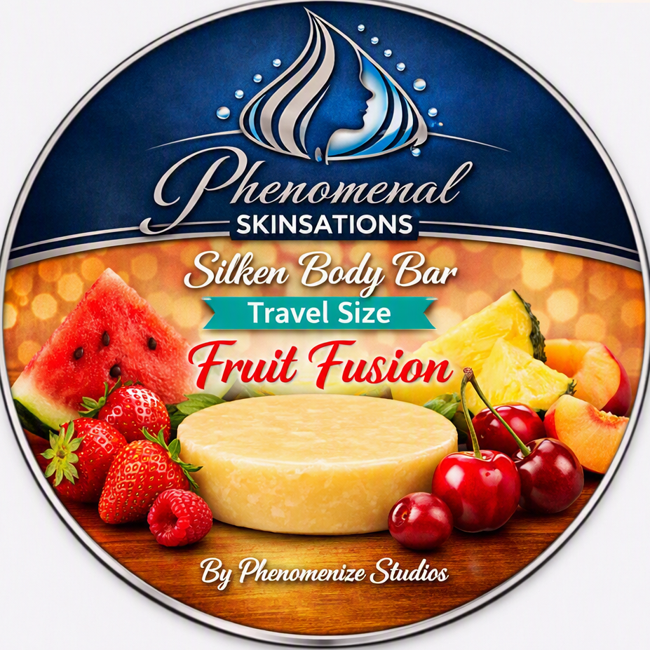 Phenomenal Skinsations Fruit Fusion travel size Silken Body Bar label showing a round moisture bar beside watermelon, strawberries, raspberries, pineapple, peaches, and cherries on a wooden surface