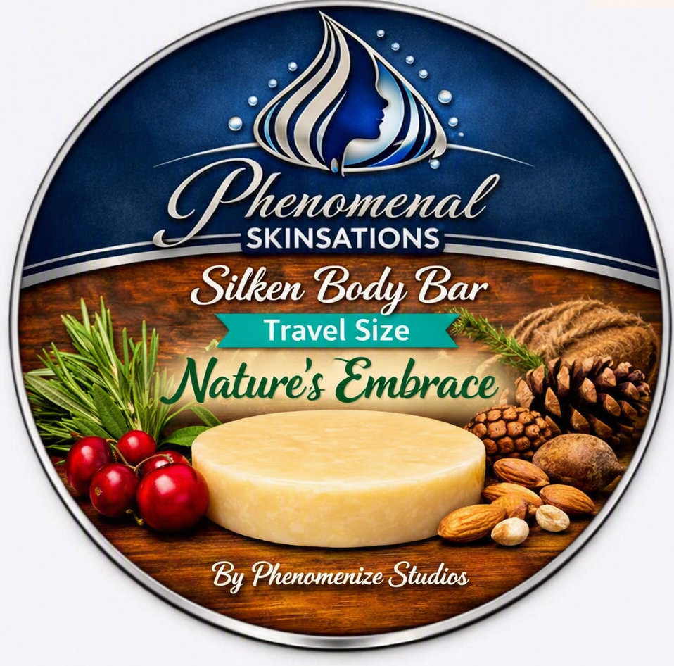 Phenomenal Skinsations Nature's Embrace travel size Silken Body Bar label showing a round moisture bar beside cranberries, rosemary sprigs, pinecones, and almonds on a wooden surface
