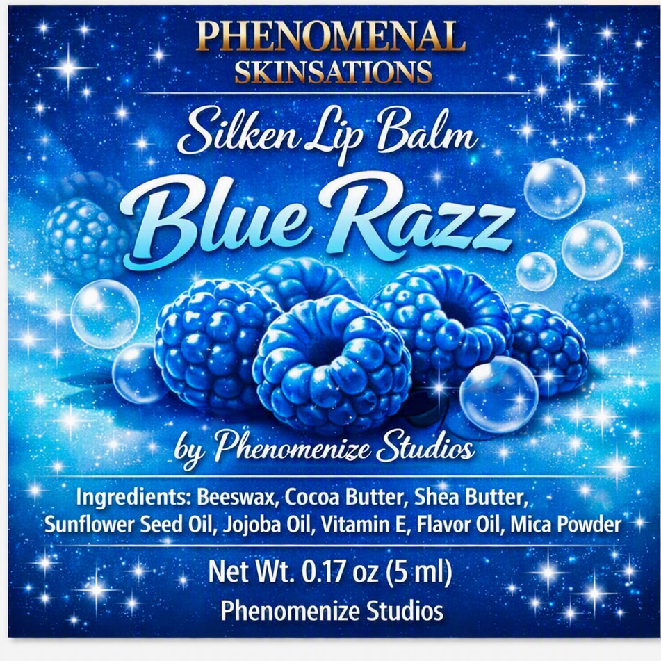 Phenomenal Skinsations Blue Razz Silken Lip Balm label with blue raspberries and bubbles on a sparkling blue background, listing the ingredients and a net weight of 0.17 oz