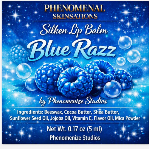 Phenomenal Skinsations Blue Razz Silken Lip Balm label with blue raspberries and bubbles on a sparkling blue background, listing the ingredients and a net weight of 0.17 oz