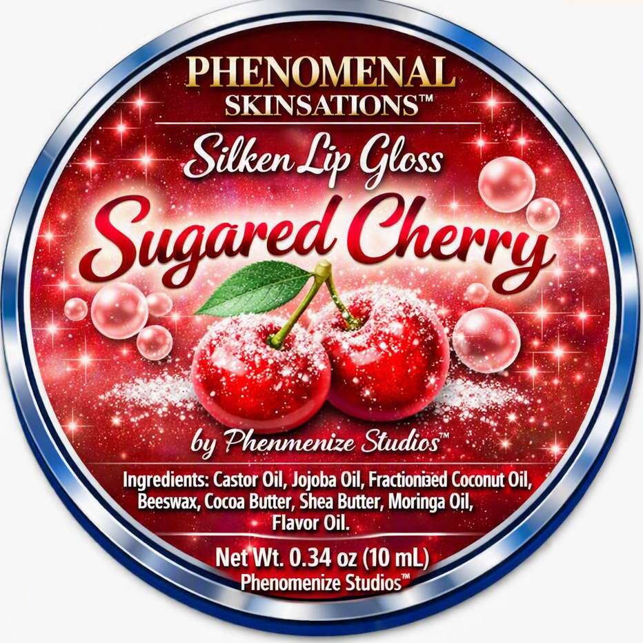Phenomenal Skinsations Sugared Cherry Silken Lip Gloss label with sugared cherries and pearls on a sparkling red background, listing the ingredients and a net weight of 0.34 oz