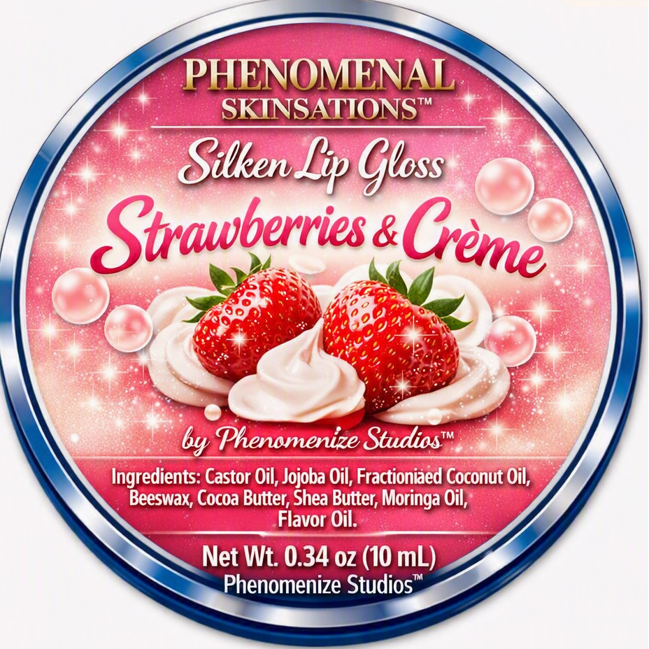 Phenomenal Skinsations Strawberries & Crème Silken Lip Gloss label with strawberries and whipped creme on a sparkling pink background, listing the ingredients and a net weight of 0.34 oz