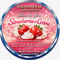 Phenomenal Skinsations Strawberries & Crème Silken Lip Gloss label with strawberries and whipped creme on a sparkling pink background, listing the ingredients and a net weight of 0.34 oz