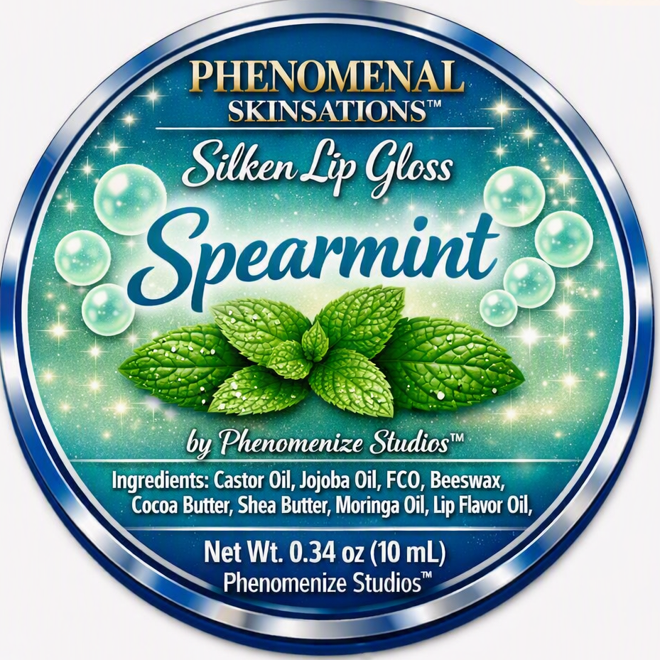 Phenomenal Skinsations Spearmint Silken Lip Gloss label with fresh spearmint leaves and bubbles on a sparkling teal background, listing the ingredients and a net weight of 0.34 oz