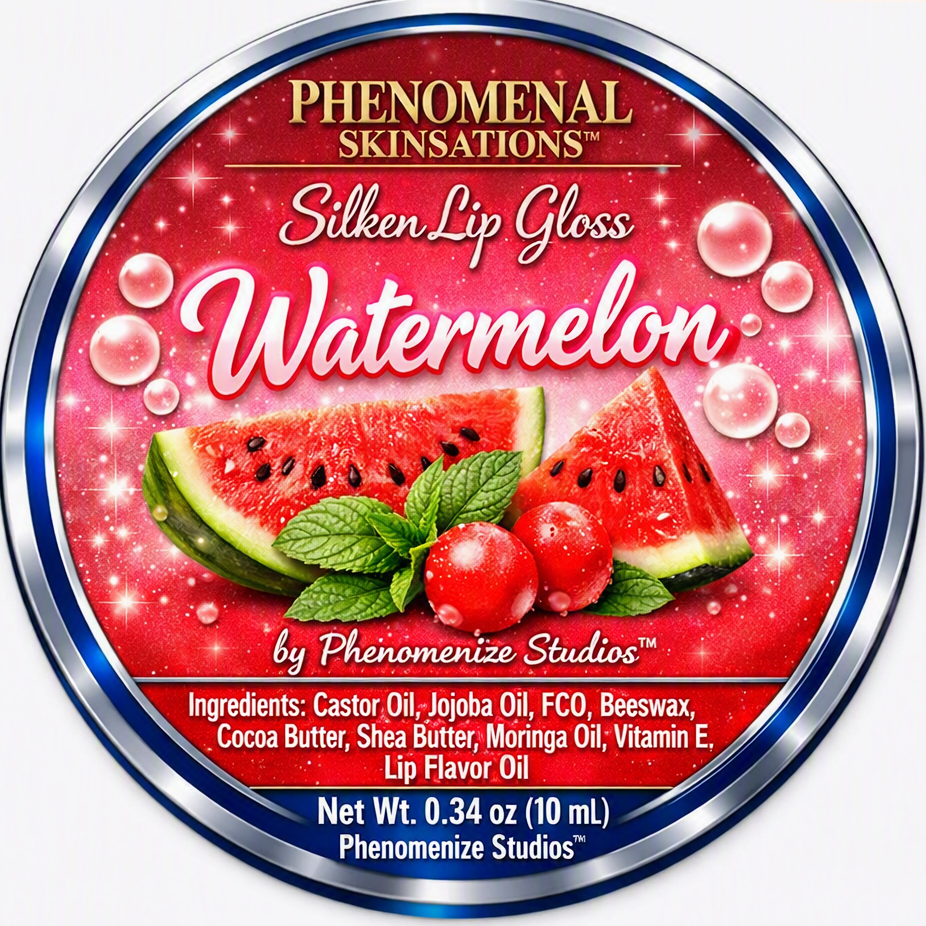 Phenomenal Skinsations Watermelon Silken Lip Gloss label with watermelon slices, mint leaves, and berries on a sparkling red background, listing the ingredients and a net weight of 0.34 oz