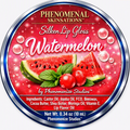 Phenomenal Skinsations Watermelon Silken Lip Gloss label with watermelon slices, mint leaves, and berries on a sparkling red background, listing the ingredients and a net weight of 0.34 oz