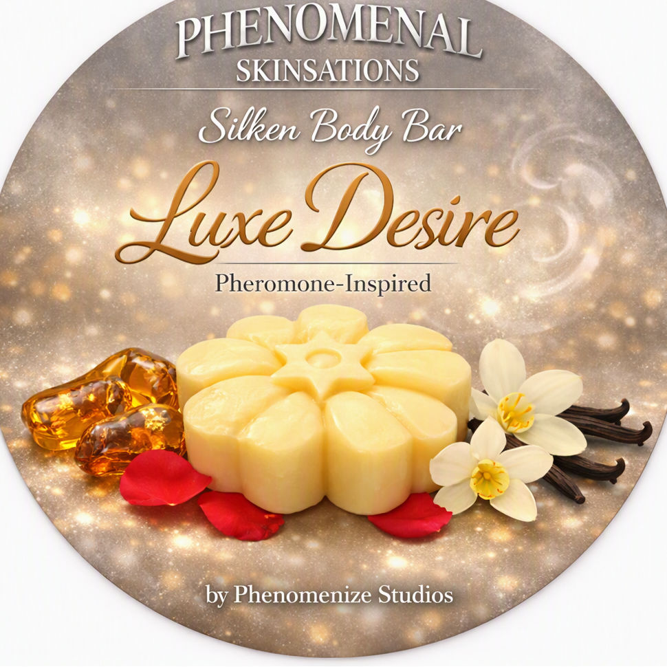 Luxe Desire Pheromone-Inspired Silken Body Bar label artwork featuring a flower-shaped bar on a golden background.