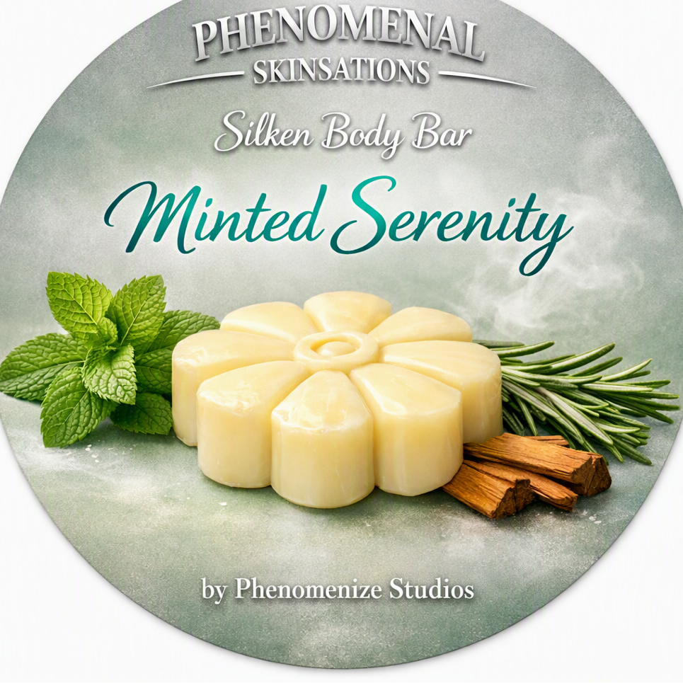Minted Serenity Silken Body Bar label artwork featuring a flower-shaped bar, mint leaves, and rosemary.