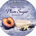 Plum Sugar Essence Silken Body Bar label artwork by Phenomenize Studios, featuring a cream-colored bar, plum, and vanilla imagery.