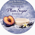 Plum Sugar Essence Silken Body Bar label artwork featuring a round bar, plum, and vanilla imagery on a lavender background.