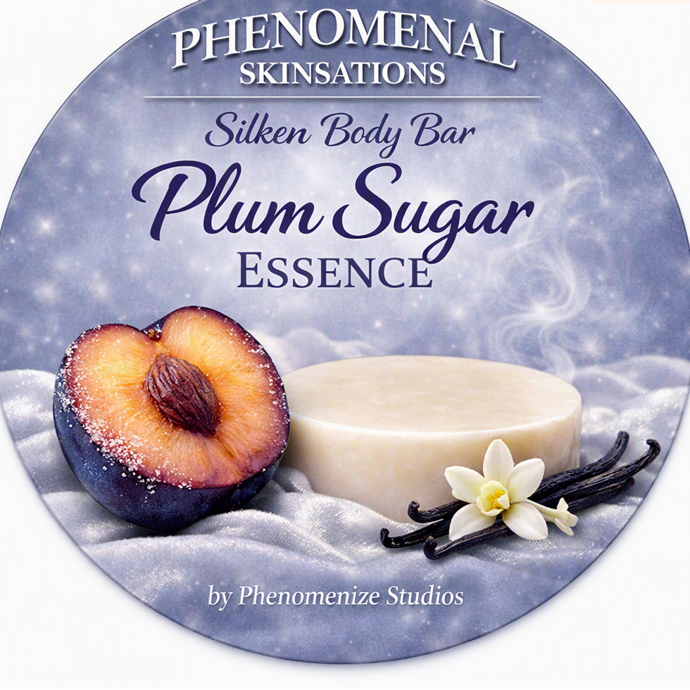 Plum Sugar Essence Silken Body Bar label artwork featuring a round bar, plum, and vanilla imagery on a lavender background.