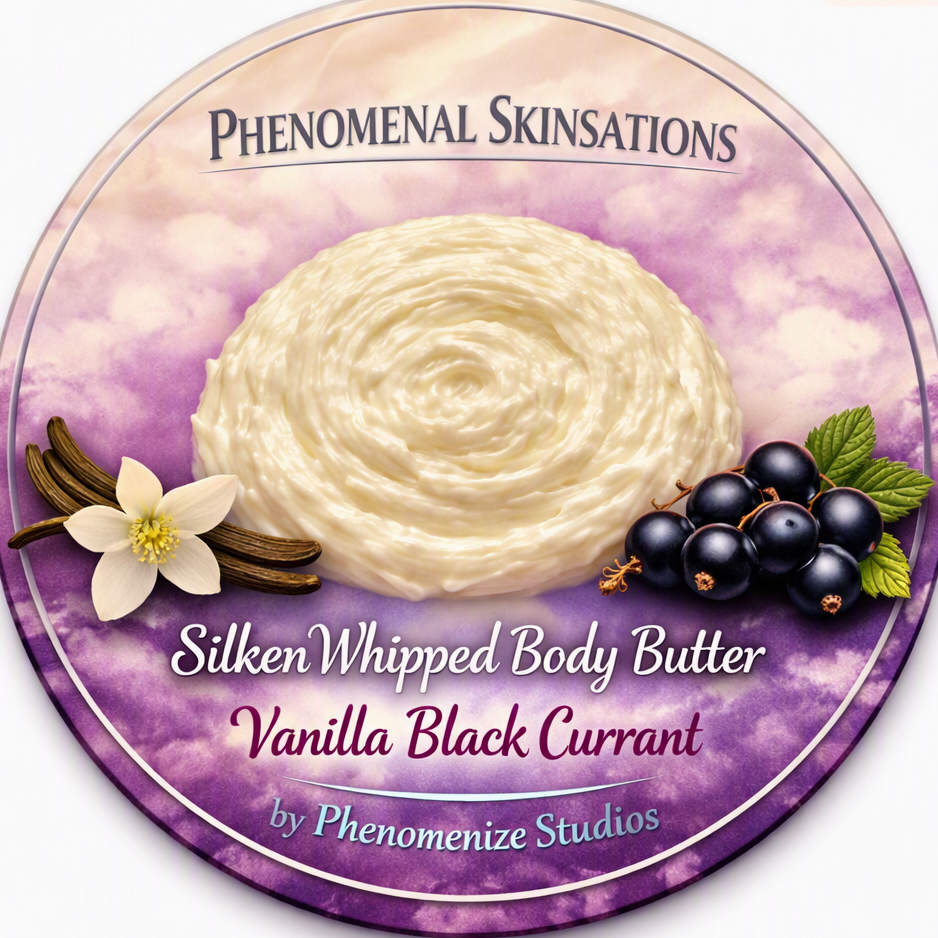 Vanilla Black Currant Silken Whipped Body Butter label by Phenomenize Studios