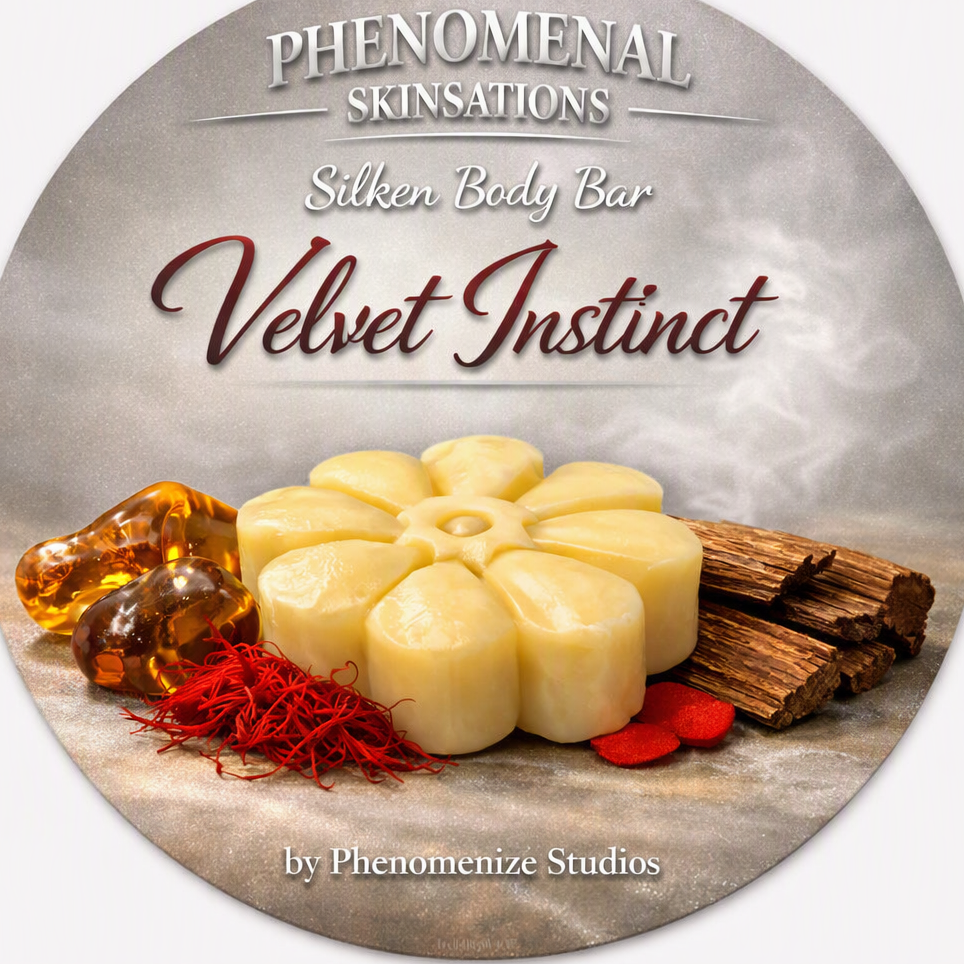 Velvet Instinct Silken Body Bar label artwork by Phenomenize Studios, featuring a flower-shaped bar on a soft neutral background.