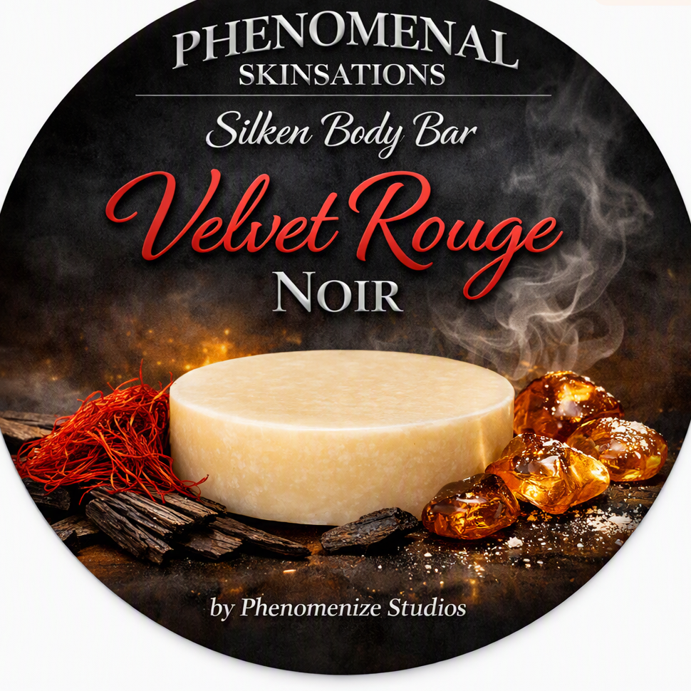 Velvet Rouge Noir Silken Body Bar label by Phenomenize Studios, featuring a cream-colored round bar against a black and red background.