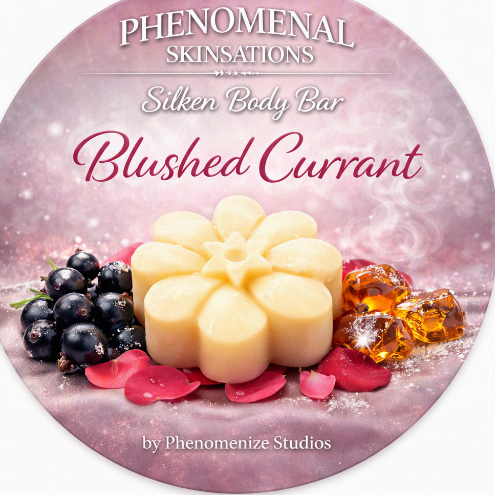 Blushed Currant Silken Body Bar label by Phenomenize Studios, with a flower-shaped bar, black currants, and pink rose petals.